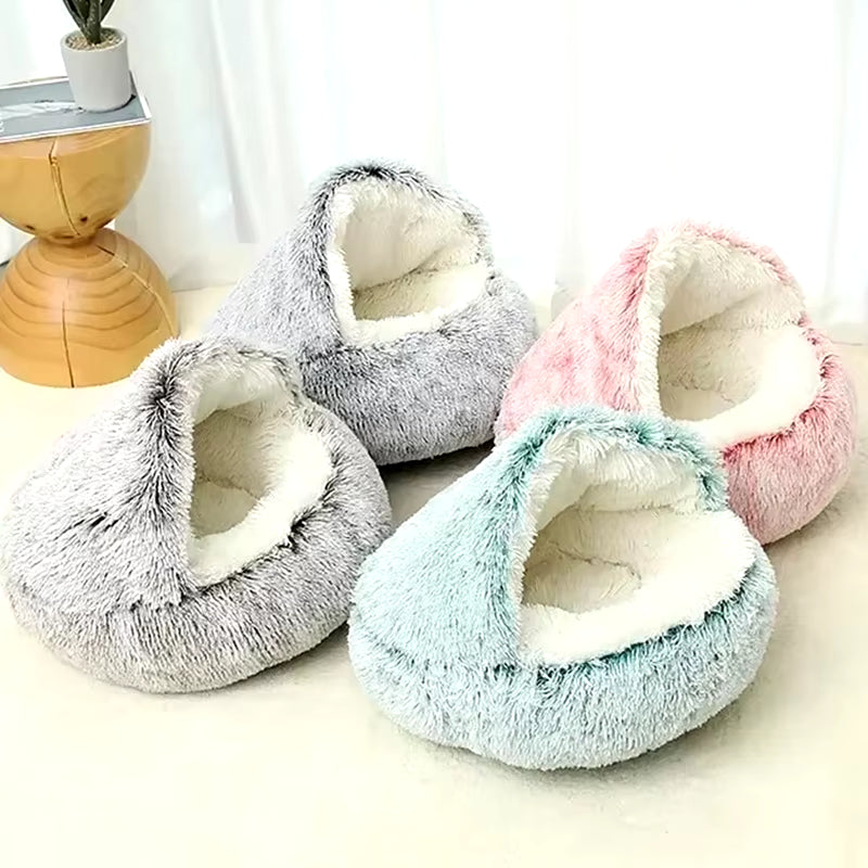 2-in-1 Winter Plush Pet Bed with Cover - Round Cat Bed and Mattress for Small Dogs and Kittens