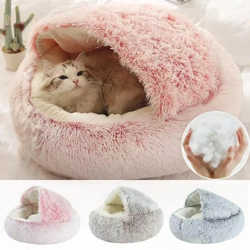 2-in-1 Winter Plush Pet Bed with Cover - Round Cat Bed and Mattress for Small Dogs and Kittens