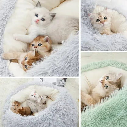 2-in-1 Winter Plush Pet Bed with Cover - Round Cat Bed and Mattress for Small Dogs and Kittens