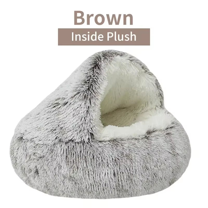 2-in-1 Winter Plush Pet Bed with Cover - Round Cat Bed and Mattress for Small Dogs and Kittens
